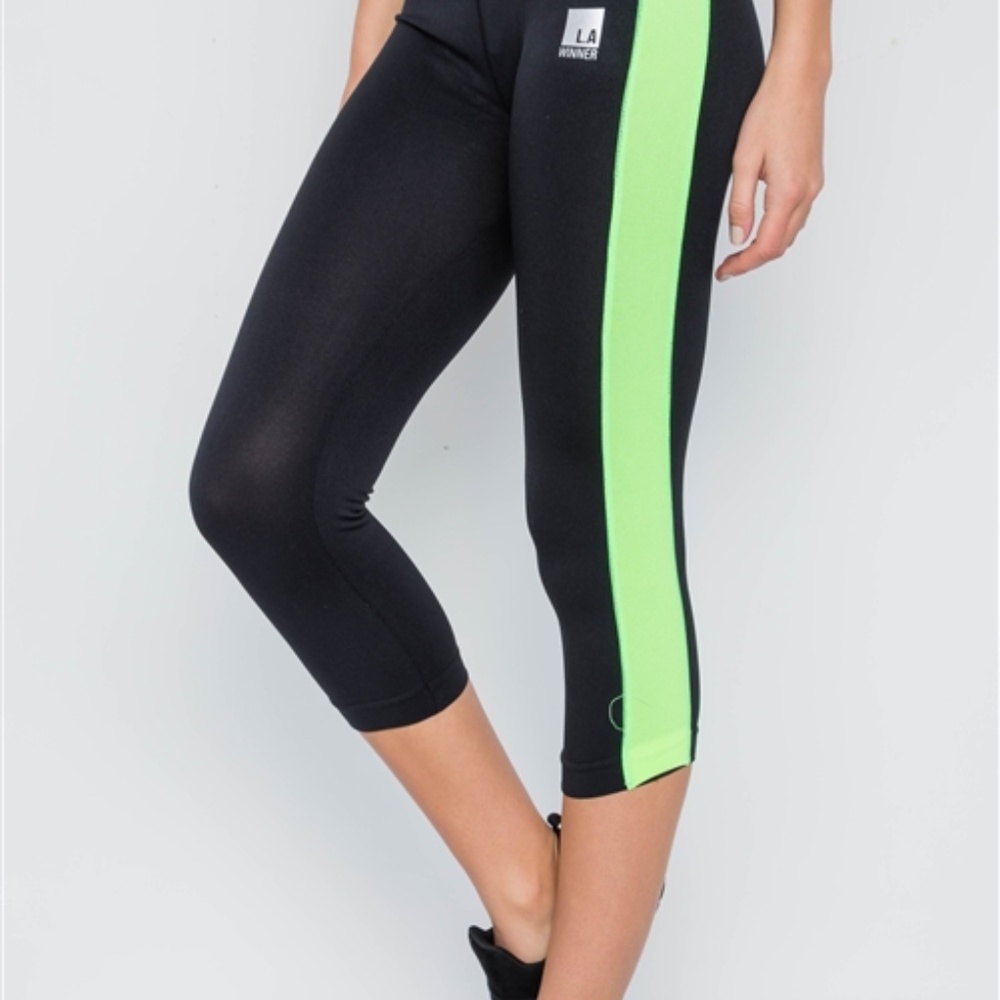 Black Leggings with Neon Green Stripe - Picture 2 of 5